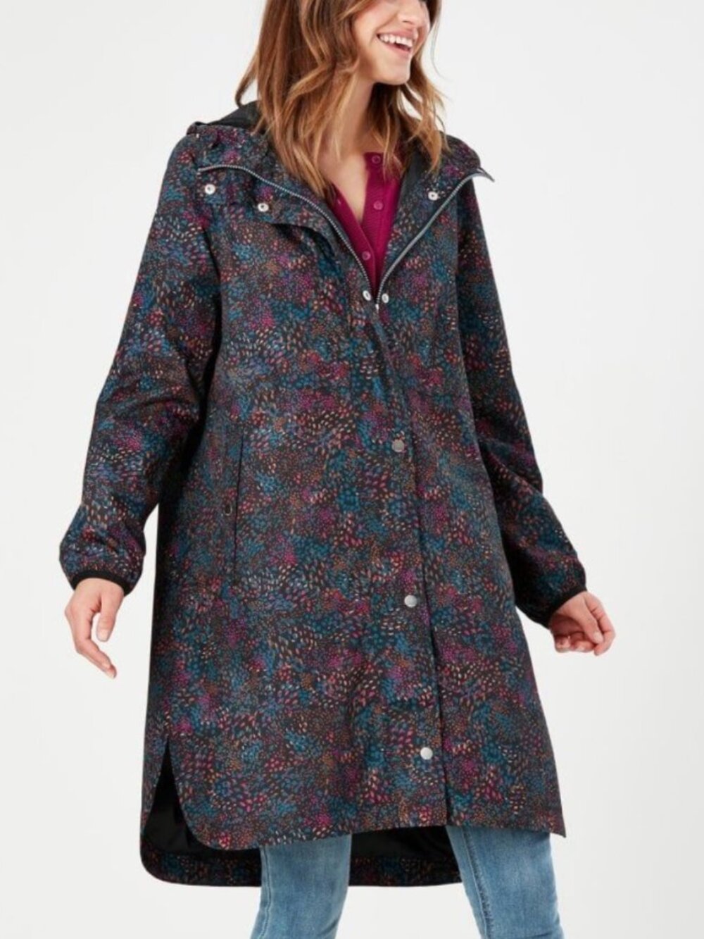 Joules NWT Waybridge Right As Rain Black Multicolor Long Rain Jacket Coat size 2